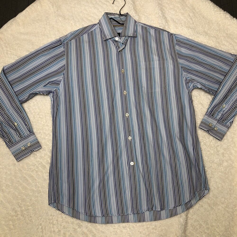 Robert Talbott Classic Mens Blue Striped Long Sleeve Button Down Shirt Med EUC